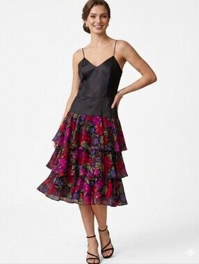 Ann Hobbs For Cattiva Vintage Party Dress with Tiered Floral Ruffle Skirt